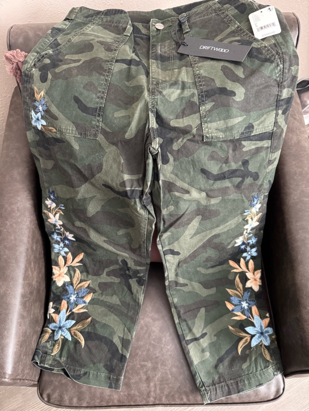 Free People Green Camo Embroidered Cropped Jeans